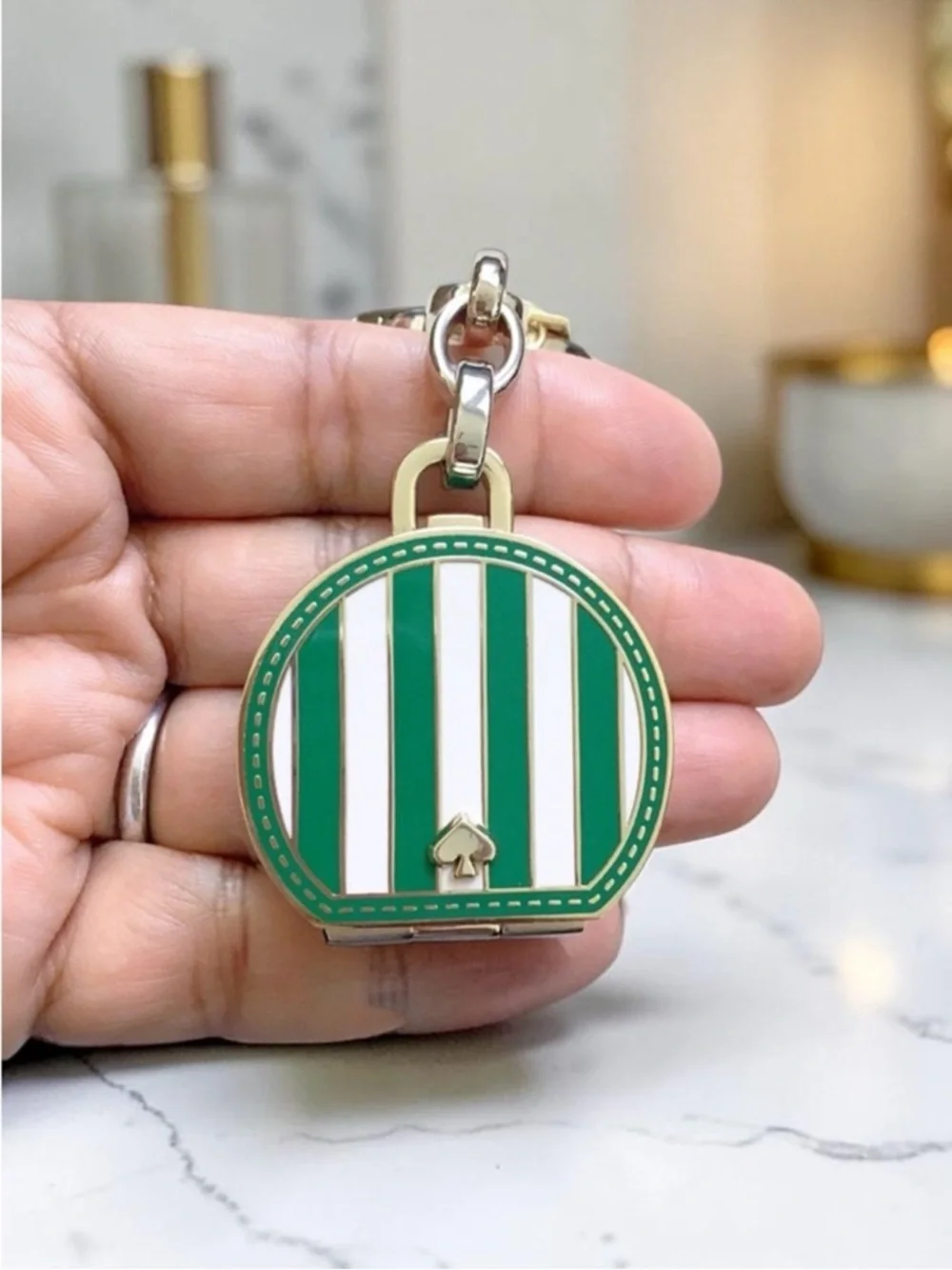 Kate Spade Traveler Even Green and White Stripe Metal Trunk Key Fob Bag Charm